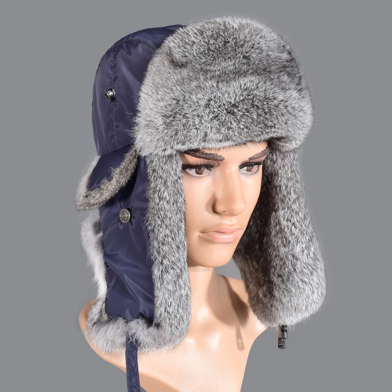 Russian Hat For Men/Women/Unisex Winter Real Rabbit Fur Trapper Hat Real Leather Top Cotton Lining Warm New Bomber Hats