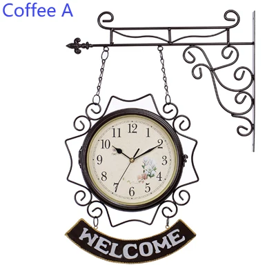 Coffee A Европейский Винтажный кофейный белый двухсторонний 9 дюймов круглый железный каркас домашний декор настенные Подвесные часы с желанными табличками - Цвет: Coffee A
