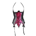 Искусственная кожаная одежда для сна кружевное сексуальное женское белье корсеты и бюстье с бантом размера плюс белье с лямкой на шее с открытой промежностью, женская одежда для сна R70134