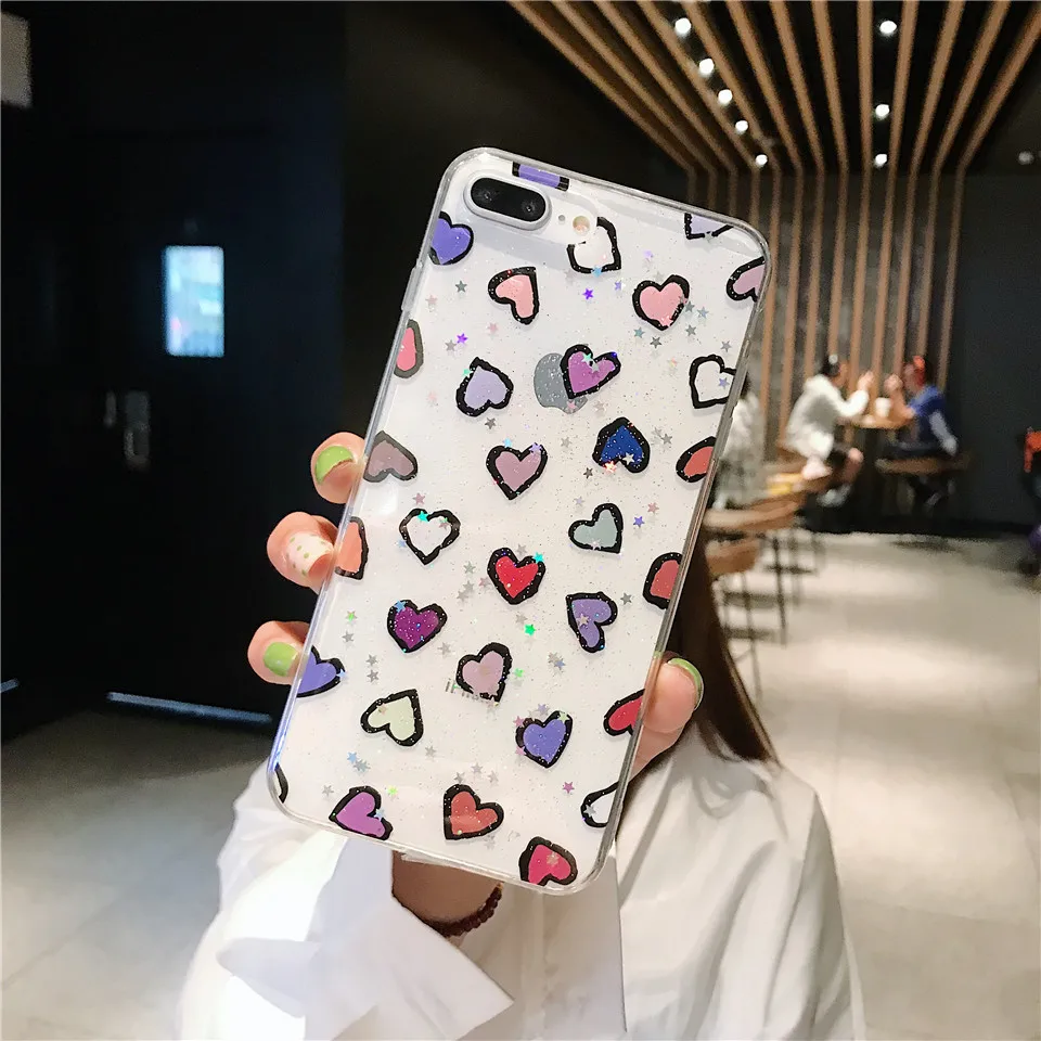 Glitter love heart phone cover carcasa for Apple iPhone X XR XS MAX 6s 8 plus 6 7 cell cases |
