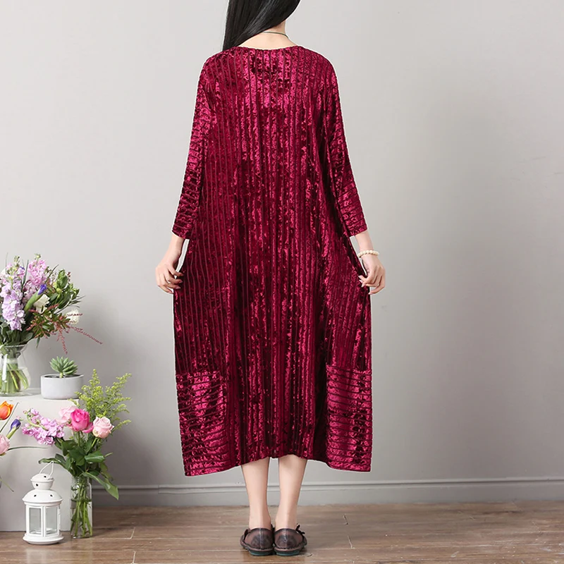 2018 Spring Lagenlook Velvet Striped O-Neck Loose Dress Women Vintage Plus Size Long Sleeve A-Line | Женская одежда