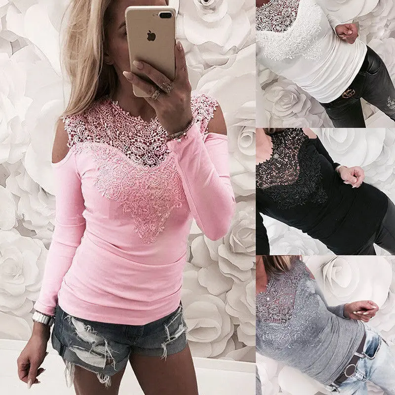 Женская кружевная блузка с длинным рукавом однотонная блузка-топ цветочным