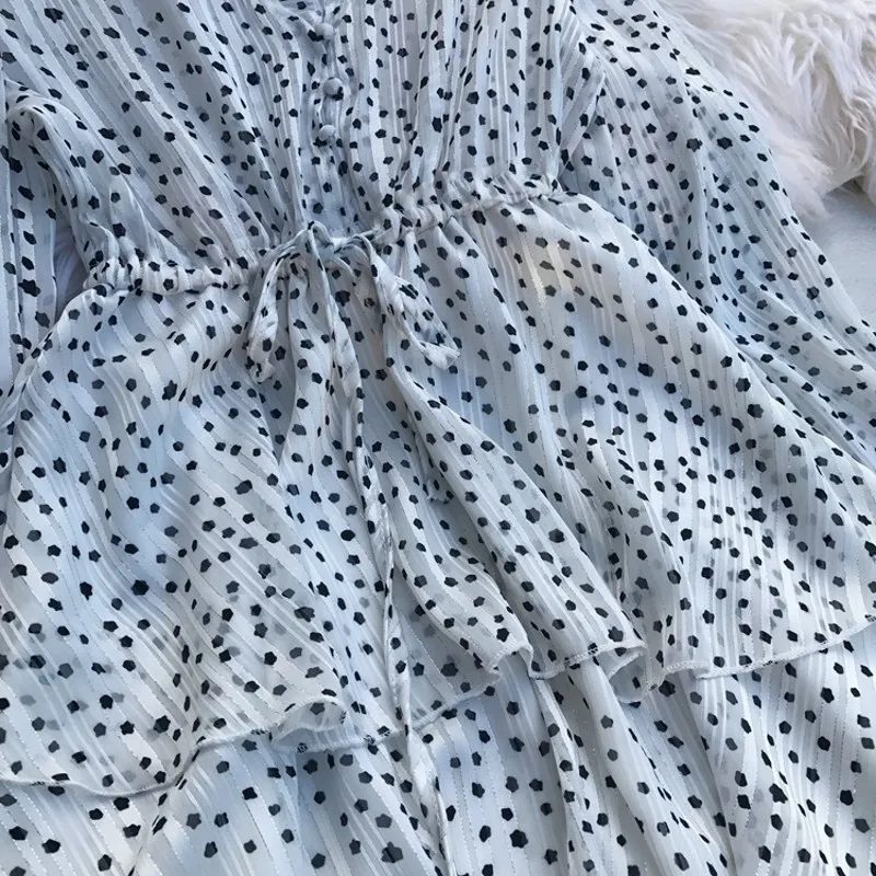 mid-calf Women Dress Ruffles Print Polka Dot vintage Bodycon Beach Female Full Sleeve Summer Party 2019 Dresses Vestidos | Женская