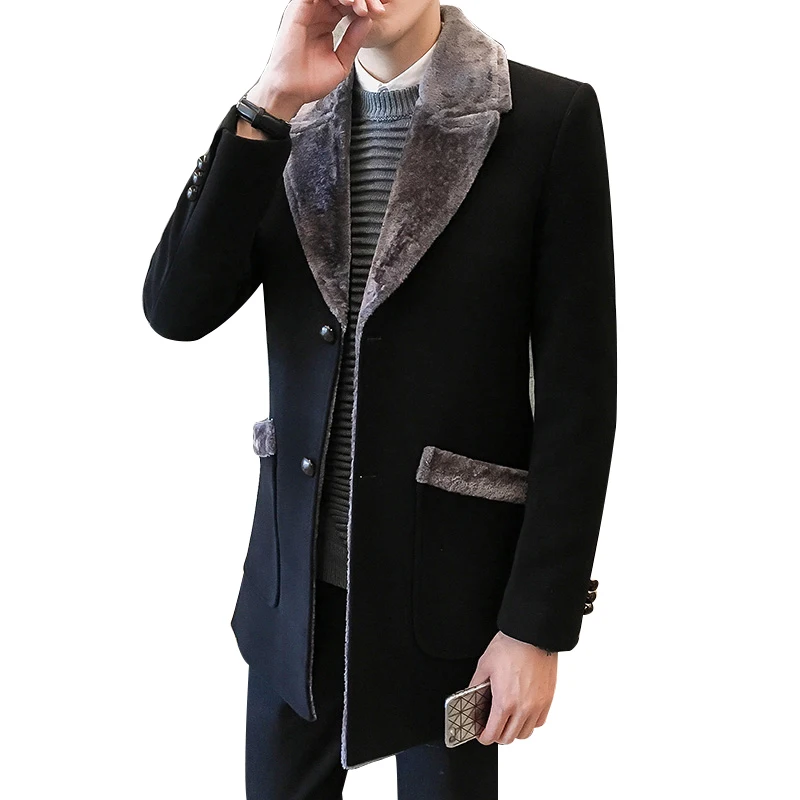 Меховой воротник Тренч Для мужчин из смесовой шерсти зимнее пальто Slim Fit манто Homme