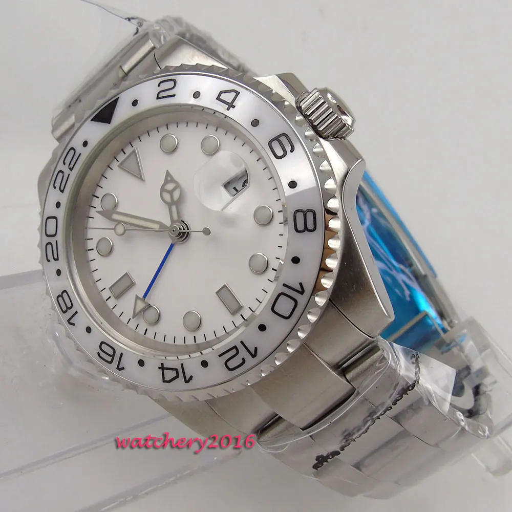 

43mm Bliger White Dial ceramic bezel Multiple Time Zone Sapphire Glass Luminous marks Date SS Band Automatic movement mens Watch