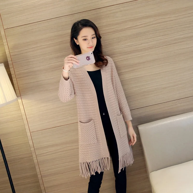 Women's Long Cardigan 2019 Spring Autumn New Slim Ladies Outside Knitted Tassel Sweaters Caramel Khaki Black Pink Beige |