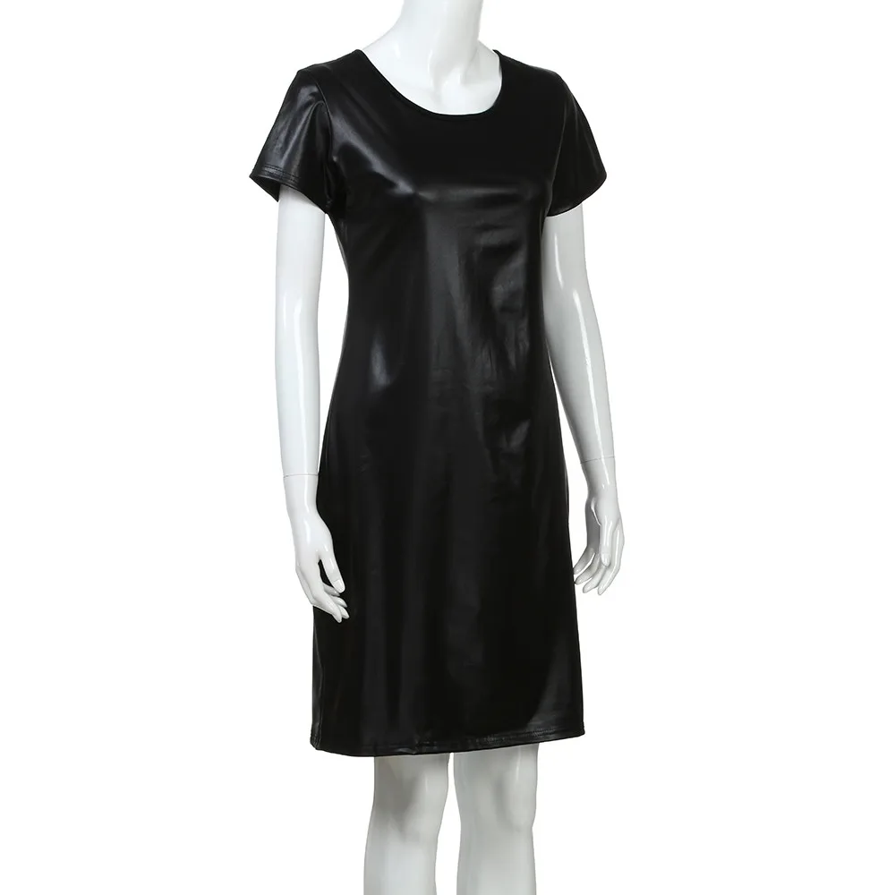 Women Short Sleeve Wet Look Leather Bodycon Midi Sheath Sexy Skinny Dress 2019 New Fashion O-neck Slim Dresses For Ladies Hot | Женская