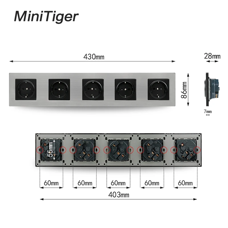 Minitiger панель из нержавеющей стали 5 банд настенная розетка 16А в Европу Россию