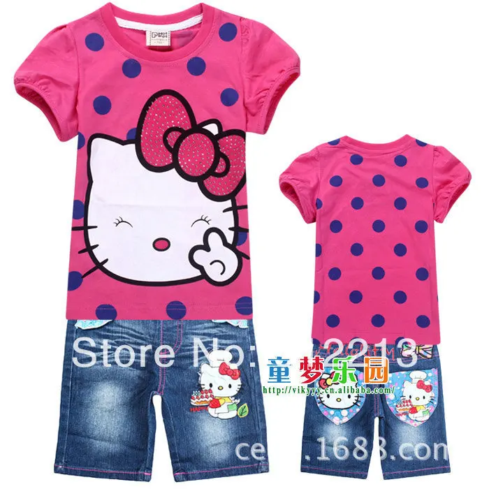 2014 new fashion hello kitty dot cotton fits cartoon T-shirt + jeans kids baby girls children sets 6set/lot | Мать и ребенок