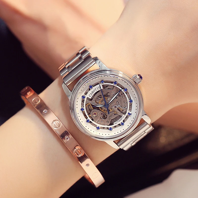 Часы женские механические с кристаллами Skeleton Sapphire|Женские наручные часы| |