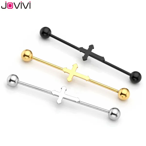 Jovivi цена 16Ga Крест винт мяч Длинные Промышленные Штанги Серьги, Надеваемые На ушной хрящ из нержавеющей стали пирсинг тела, ушей ювелирные изделия - Окраска металла: 3x Mixed Color
