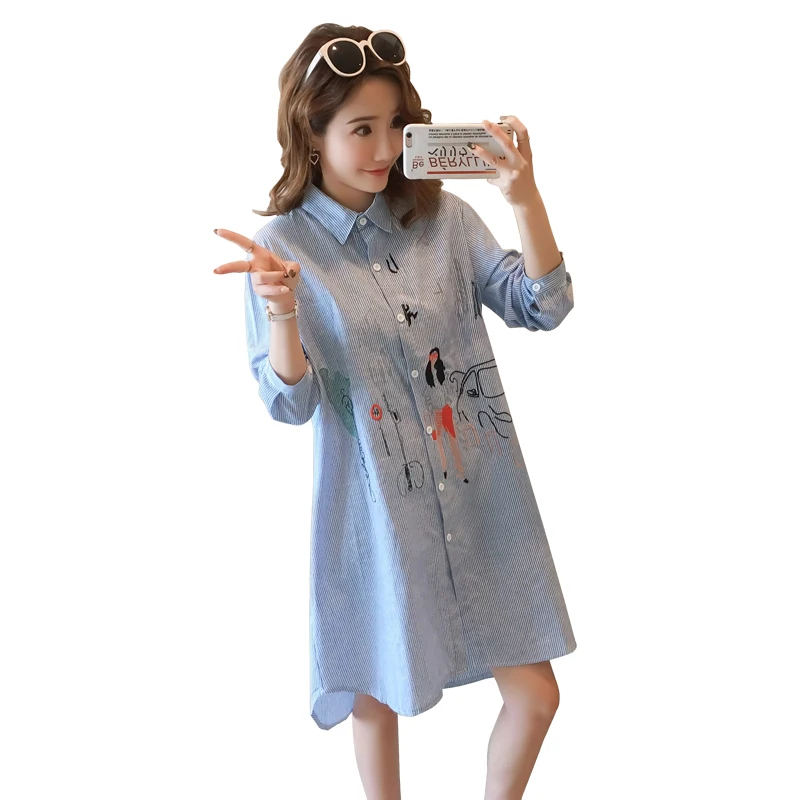

Spring fashion korea style striped dress 2019 new design loose embroidered dress for women