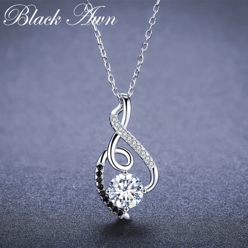 

[BLACK AWN] Femme Genuine 925 Sterling Silver Necklaces Pendants Jewelry Black&White Stone Necklace Women Bijoux PN081