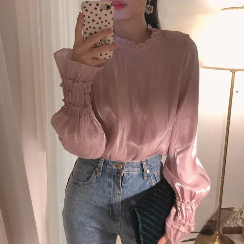 Женская блузка с длинным рукавом Wixra весенне летняя блестящими рукавами в