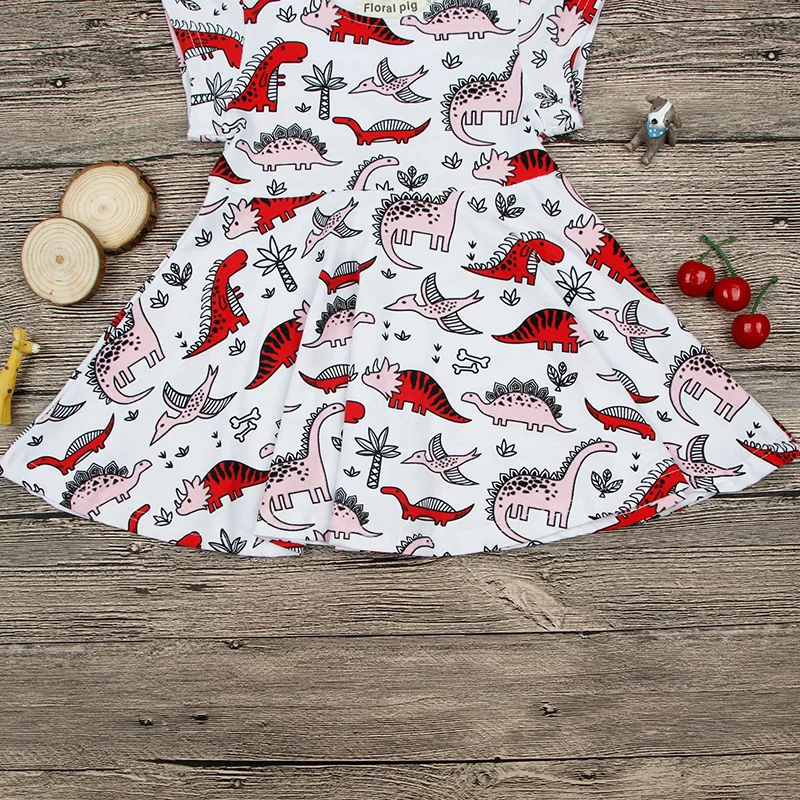 2017 Short Sleeve Cute Dinosaure Printed Girl Dress Clothes Summer Fashion Tiny Cottons Kids Dresses for Girls Costume | Детская одежда