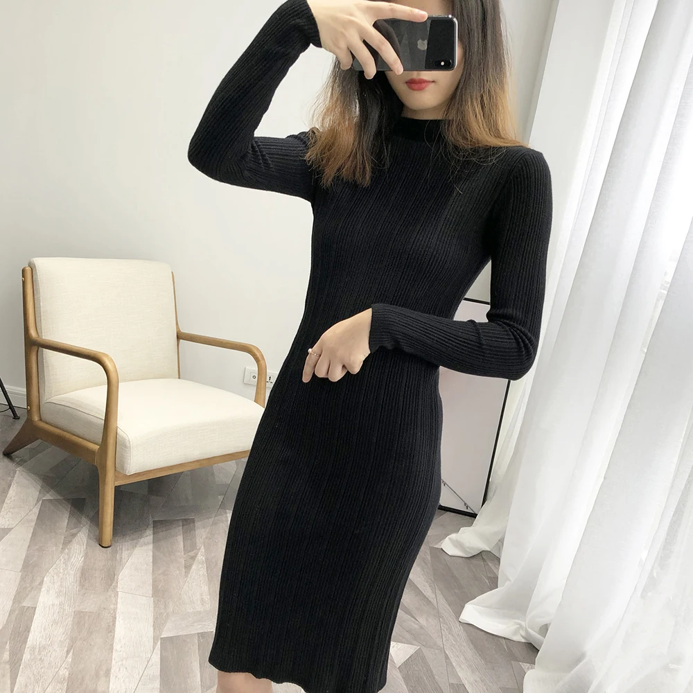 2018 Women Sweater Stand Collar Long Sleeve Pullovers Bodycon Dress Knitting Femme Tricot Pull | Женская одежда