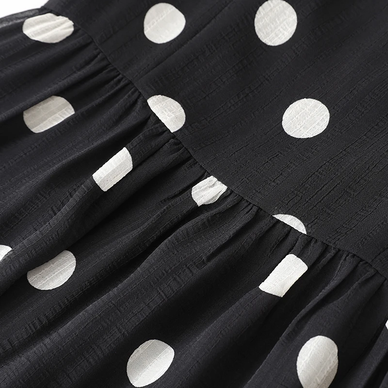 Летние женские шифоновые черные платья в горошек повседневные с коротким