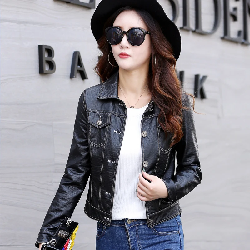 2020 Spring and Autumn New Leather Leather Women's Short Korean Slim Lapel Plus Size Sheepskin Jackets Women's Leather Jacket enlarge
