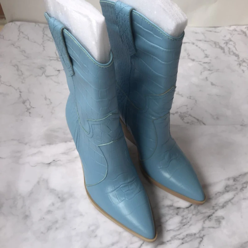 BuonoScarpe/ботинки в ковбойском стиле из крокодиловой кожи; Botas Mujer; ковбойские ботинки для женщин; дизайнерские ботинки до середины икры на массивной танкетке;