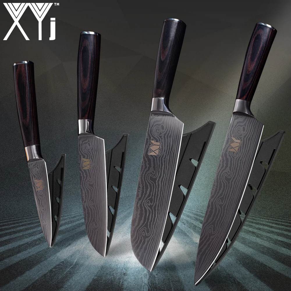 XYj фирменные кухонные ножи 3," 5" " 8" дюймов, нож из нержавеющей стали, имитация Дамасского узора, фруктовый нож сантоку, нож шеф-повара