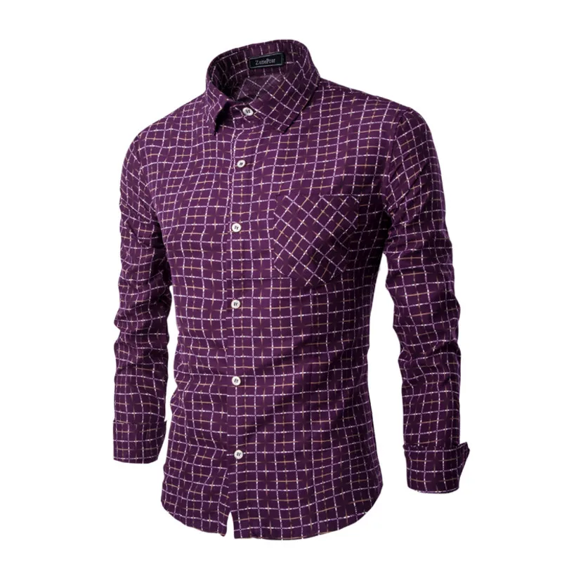 Men's new hot fashion personality long sleeve printed plaid shirt and leisure business joker cultivate one's morality | Мужская