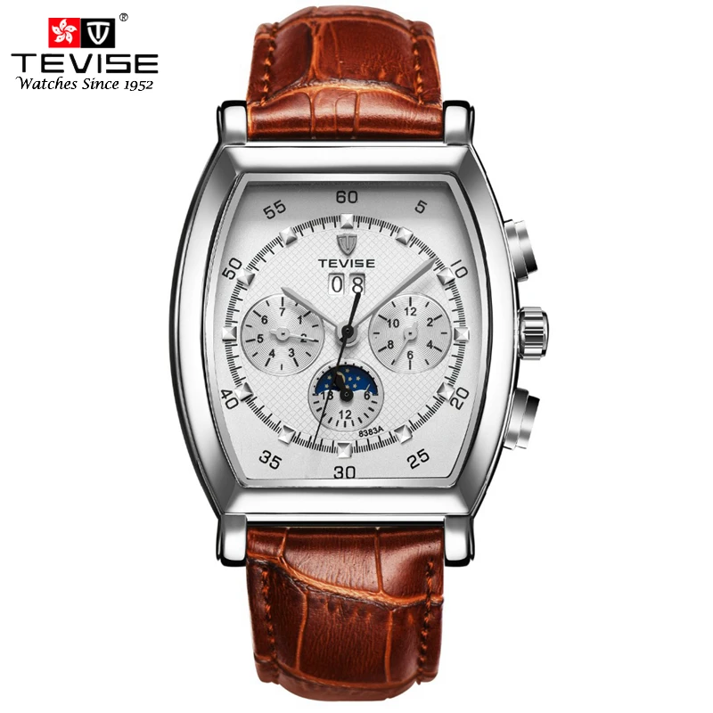 Мужские автоматические часы TEVISE механические Tonneau с циферблатом Moon Phase кожаным