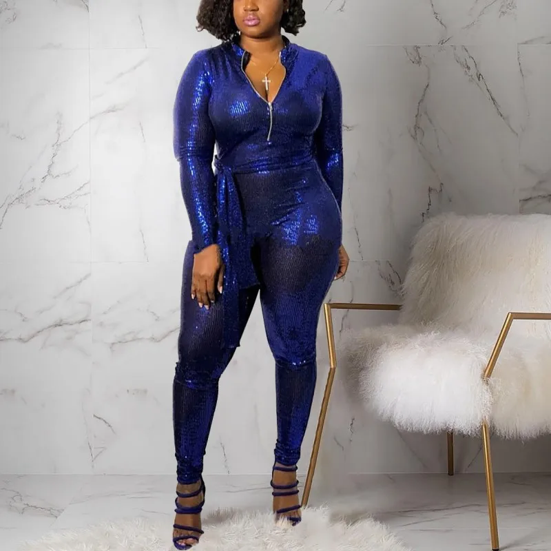 Женский Блестящий комбинезон с длинным рукавом и v-образным вырезом для