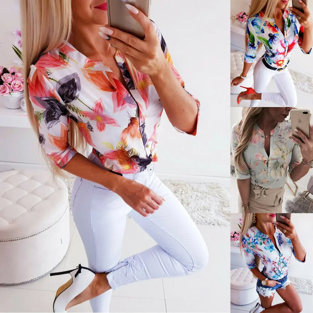 Women Floral Print Blouse Stand Collar Blouses Loose Half Sleeve Tops 2019 Office Lady Shirt Ladies Casual Button Design Blouse