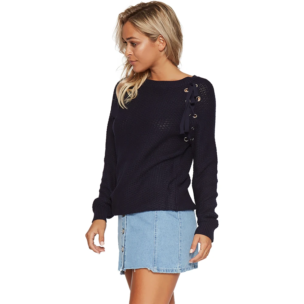 HDY Haoduoyi Autumn Solid Navy Blue Women Sweater Lace-up Drawstring Hollow Out Grommet Lady Tops Loose Casual Female Pullovers | Женская