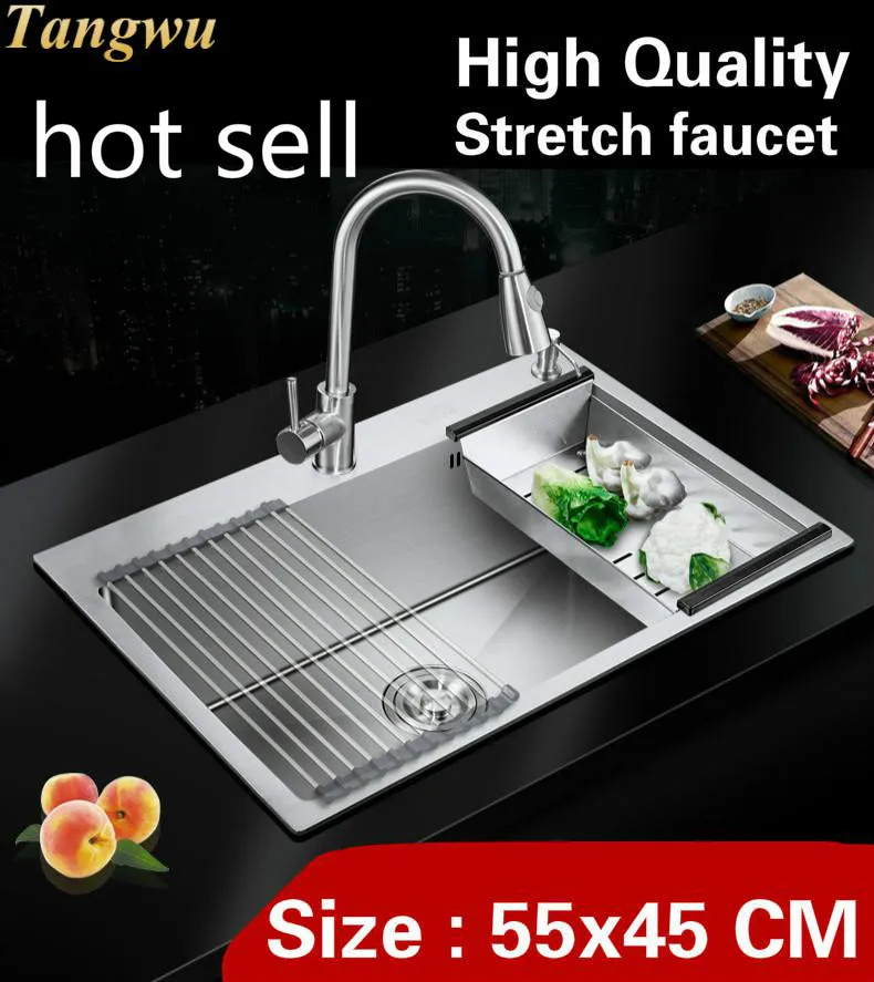 

Free shipping Home high capacity kitchen manual sink single trough stretch faucet wash vegetables 304 stainless steel 55x45 CM
