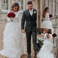 luxury spandex a line wedding dresses with belt ruffled organza long sleeves open back bridal dress vestidos de noivas