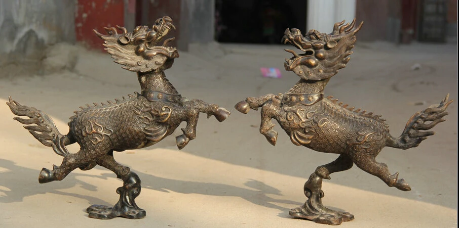 JP S0524 19&quot Chinese Bronze Folk exorcise Beast Kylin Chi-lin Qilin sculpture Statue Pair Discount 35% | Дом и сад