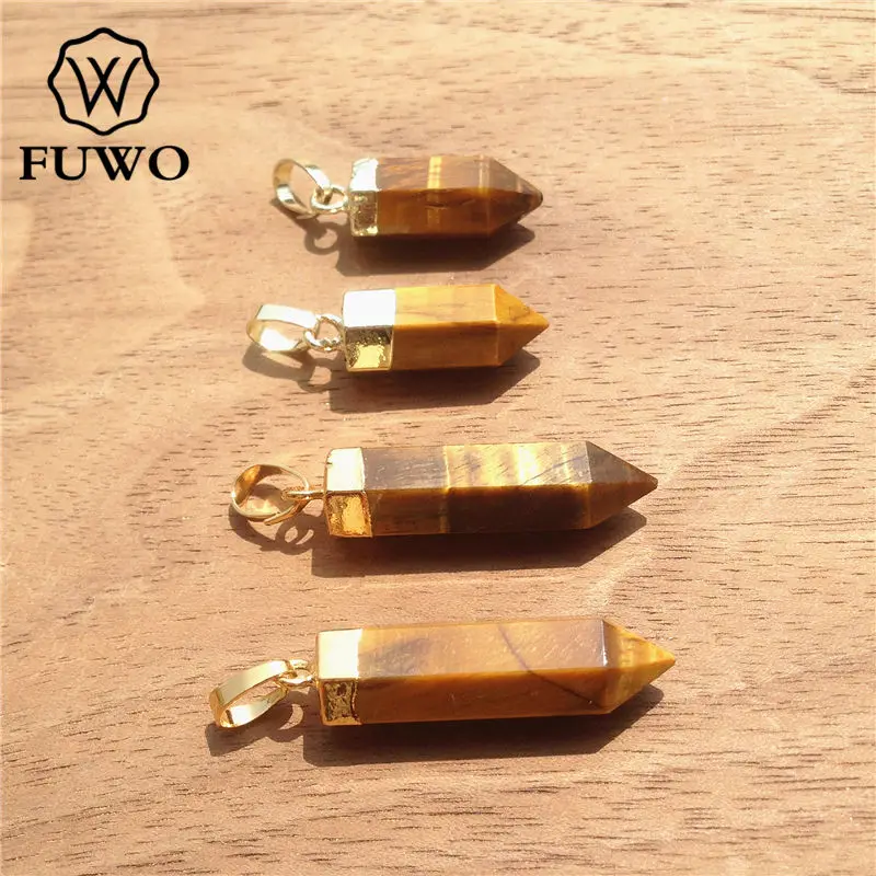FUWO тигровый глаз камень точка кулон 24K золото Гальваническое Высокое качество