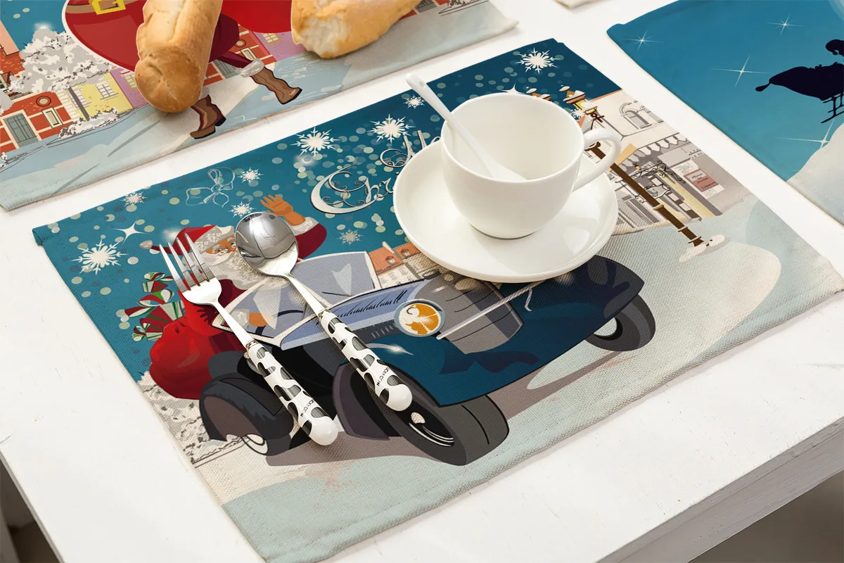 Cartoon Cotton Linen Christmas Placemat Rectangle Table Mats for Dining Table Home Kitchen Decoration Accessories Table Coaster