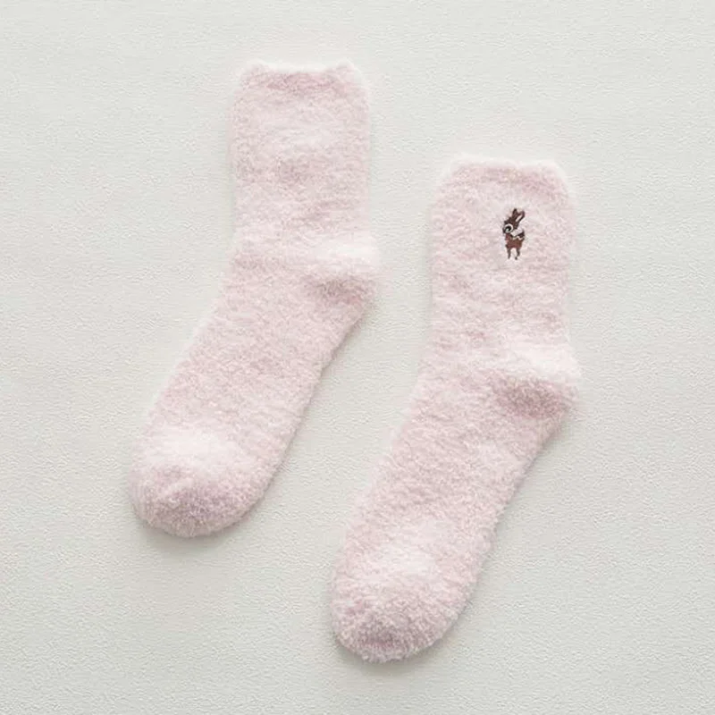 Pink bear 1 пара утолщенных женских носков с вышитыми оленями и кошками милые плюшевые теплые носки для сна для девушек и женщин зимние мягкие носки - Цвет: Pink bear