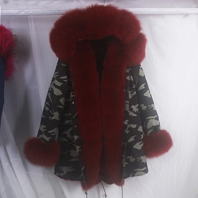 Furlove, Женское зимнее пальто, верхняя одежда, теплое, натуральный, большой, енот, меховой воротник, натуральный мех, парка, искусственный мех, подкладка, армейский зеленый, парки - Цвет: color 2 fox fur