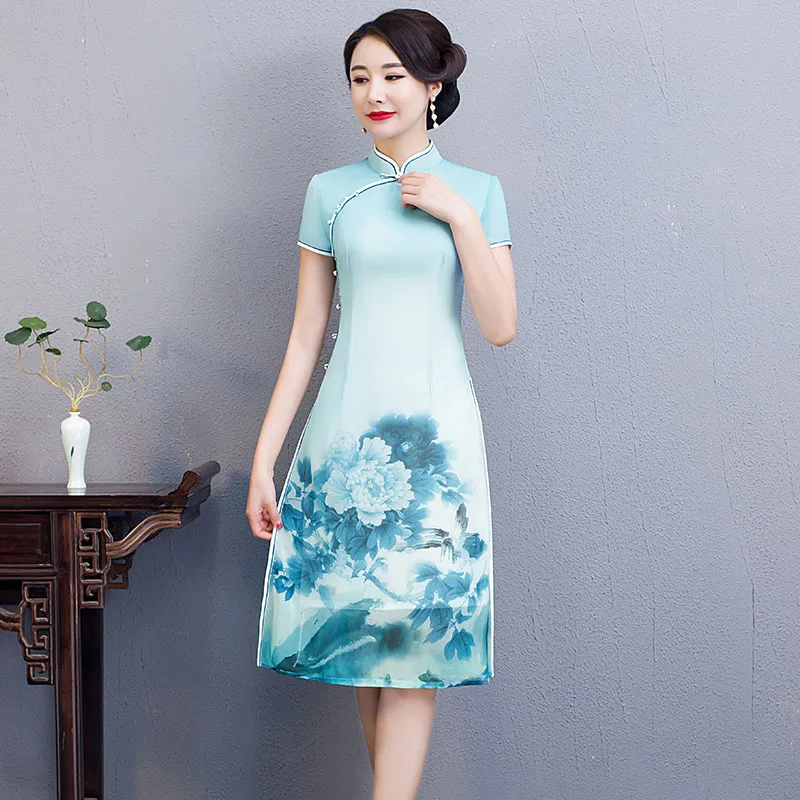 Женские летние короткие Cheongsam моды китайский стиль полиэстер платье по колено Qipao Тонкий платья для вечеринок Леди Vestido S-3XL
