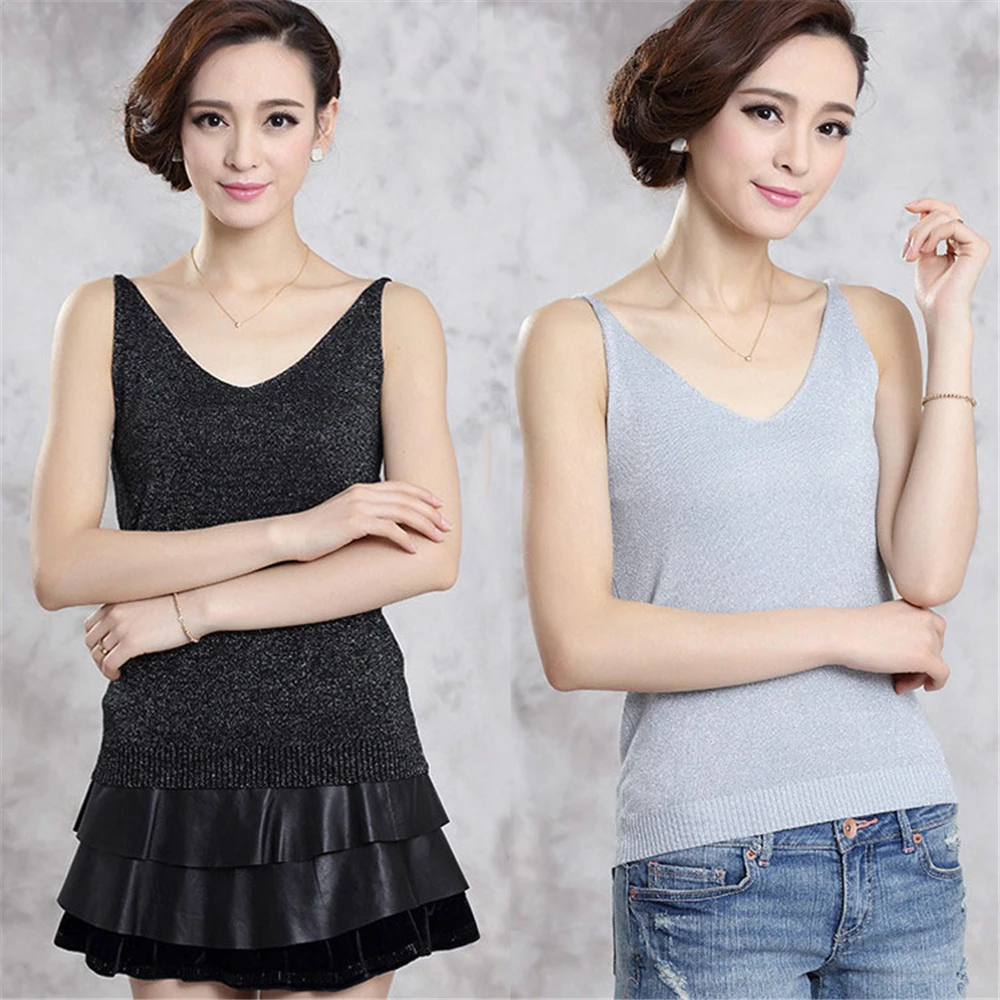 Женская Трикотажная майка с V образным вырезом и блестками|top vest|veste sequinslong tank |