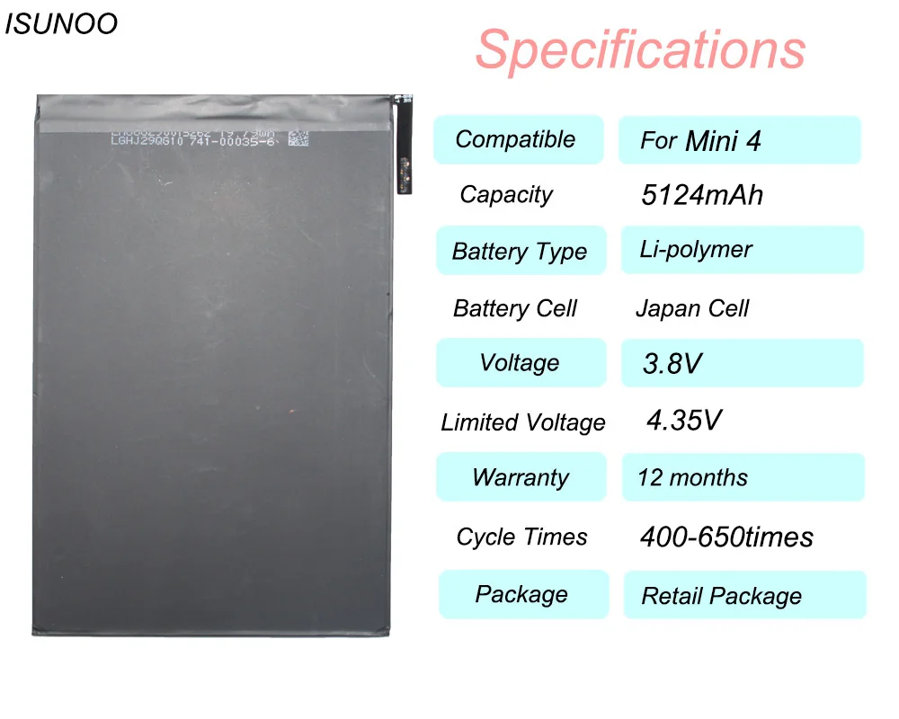 ISUNOO 5124mAh батарея для iPad mini 4 mini4 Замена планшета Батарея 0 цикл с ремонтными