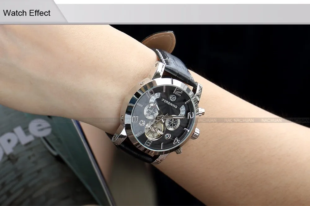 Классические Автоматические механические часы Tourbillon чехол из нержавеющей стали кожаный ремешок черный циферблат Дата Год Месяц Дисплей мужские наручные часы