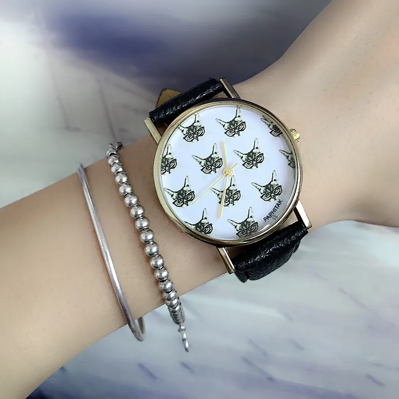 Новые модные женские кварцевые часы с милым котом и кожаным ремешком кошкой