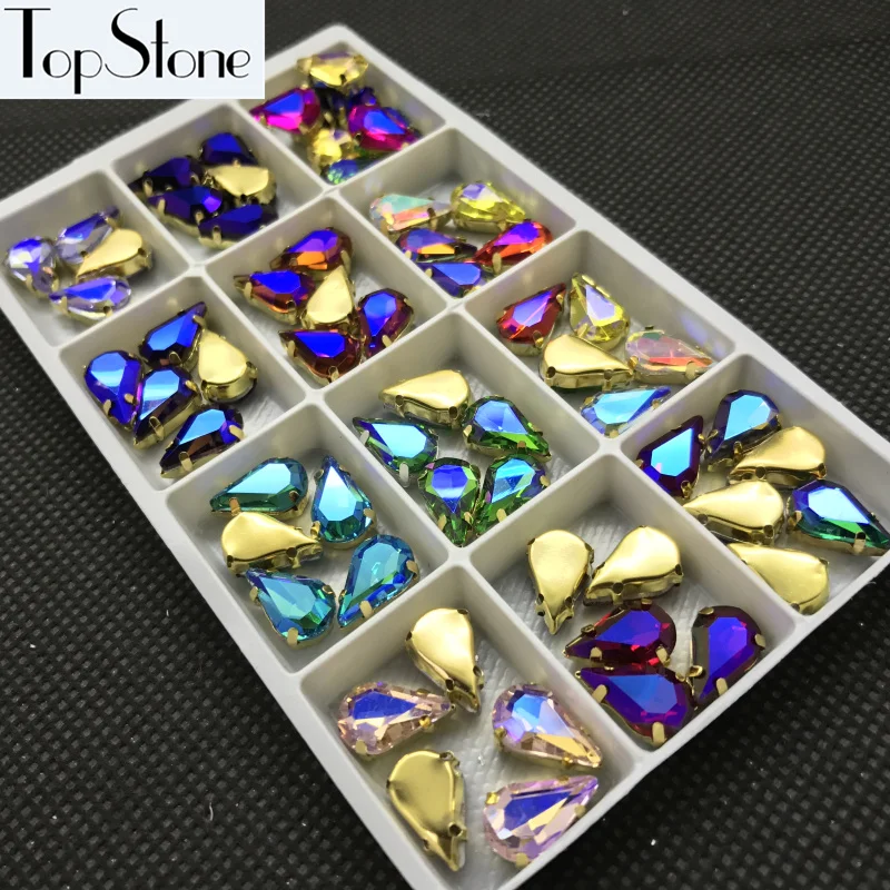 Topstone Colors AB 6x10 8x13mm Teardrop Glass Fancy Stone with Brass Claw Setting Droplet Sewing Crystals Jewelry Beads | Дом и сад