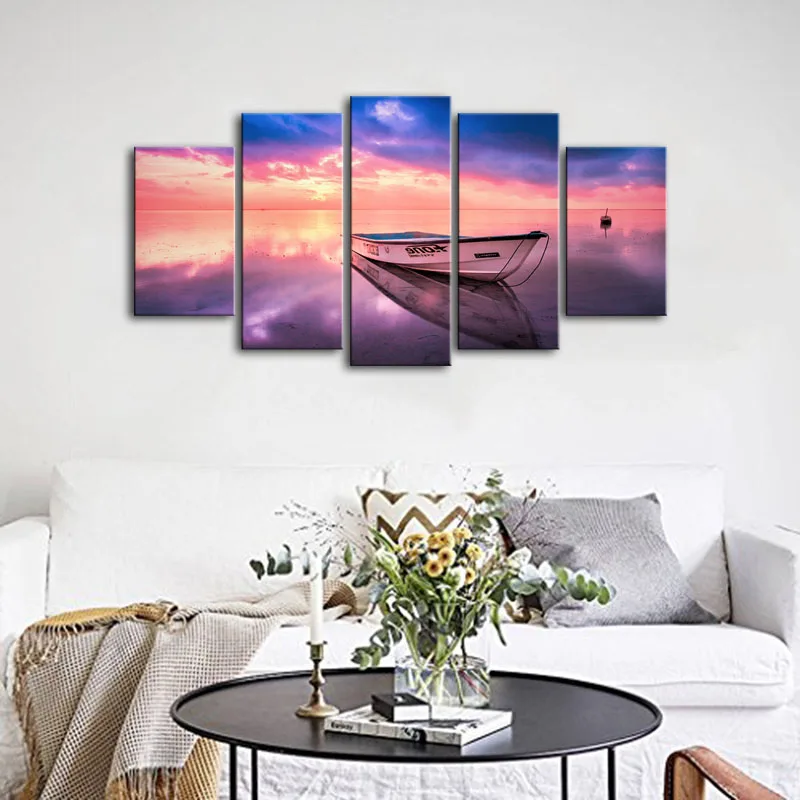 Холст стены Книги по искусству модульная Pictures Home Decor 5 панелей отражение лодка