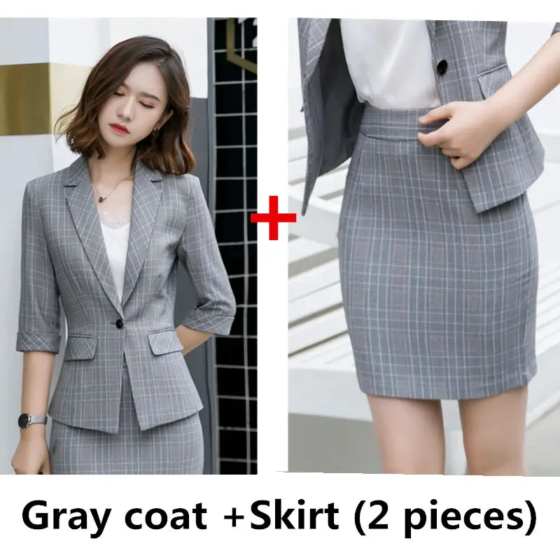 Gray coat and skirt Dushicolorful весна лето женские костюмы комплект из двух предметов клетчатый Блейзер шорты размера плюс Формальные Деловые женские офисные брюки костюм набор - Цвет: Gray coat and skirt