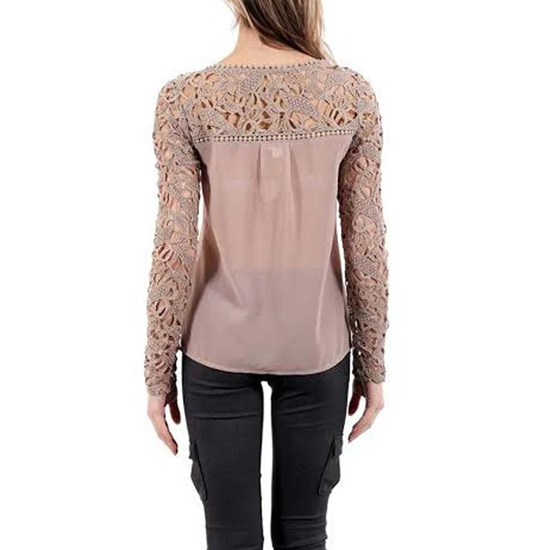2017 T-shirt For Female Fashion Women O-Neck Sexy Lace Crochet Embroidery Tops Long Sleeve T-Shirts Khaki Casual Chiffon Tees | Женская