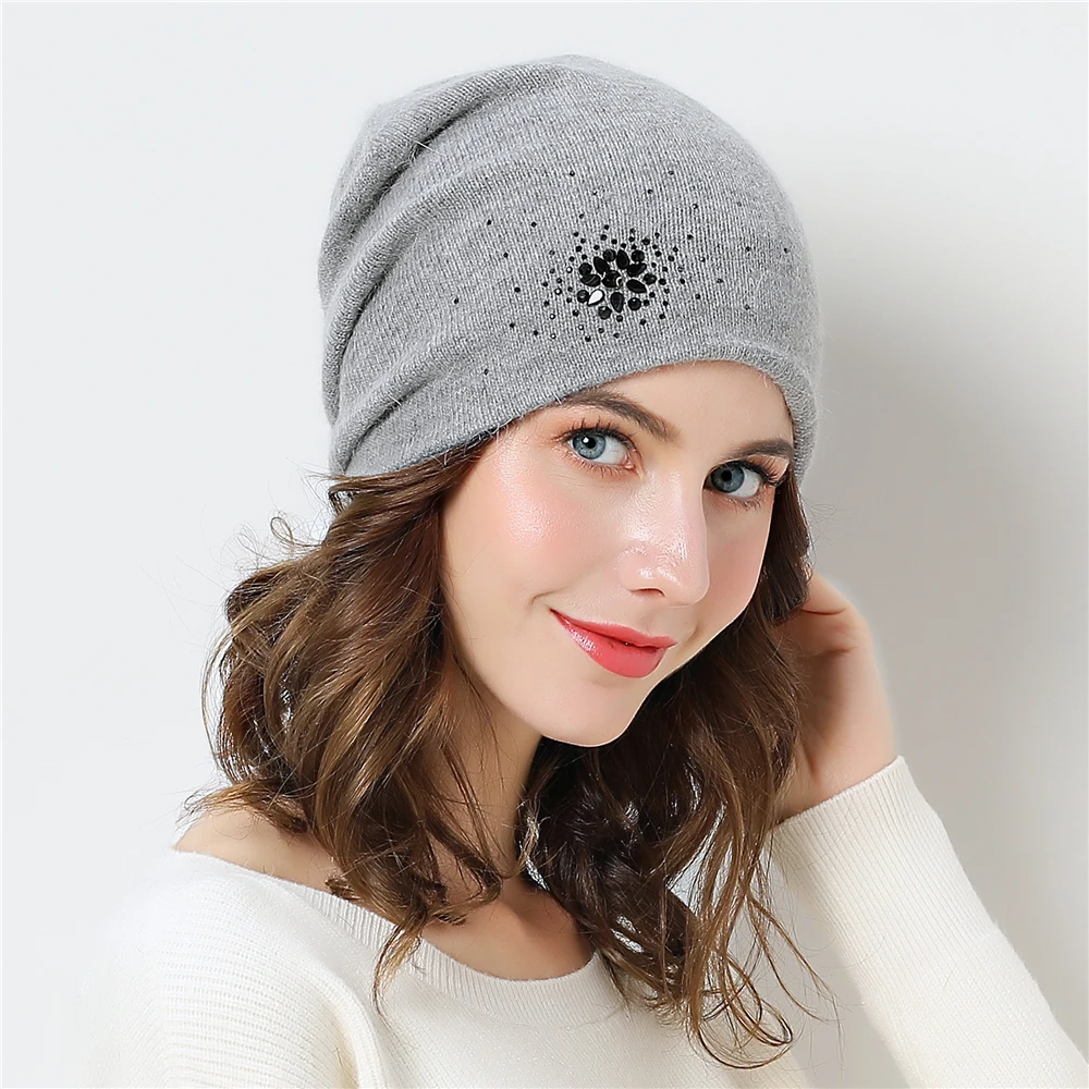 Зимняя вязаная шапка Skullies для женщин с теплой подкладкой, со стразами, шапка бини, женский, хорошее качество, шапки из ангорской шерсти