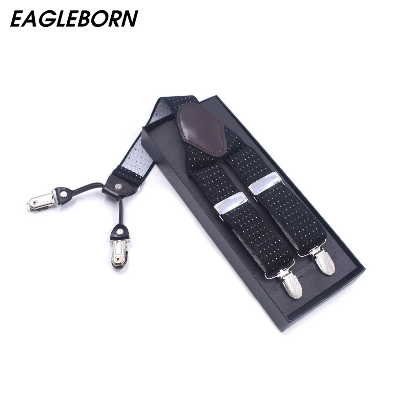

New 3.5*125cm Suspenders Men Leather Braces Adjustable 4 Clips Black Spot Suspenders Commercial Western Style with Gift Box