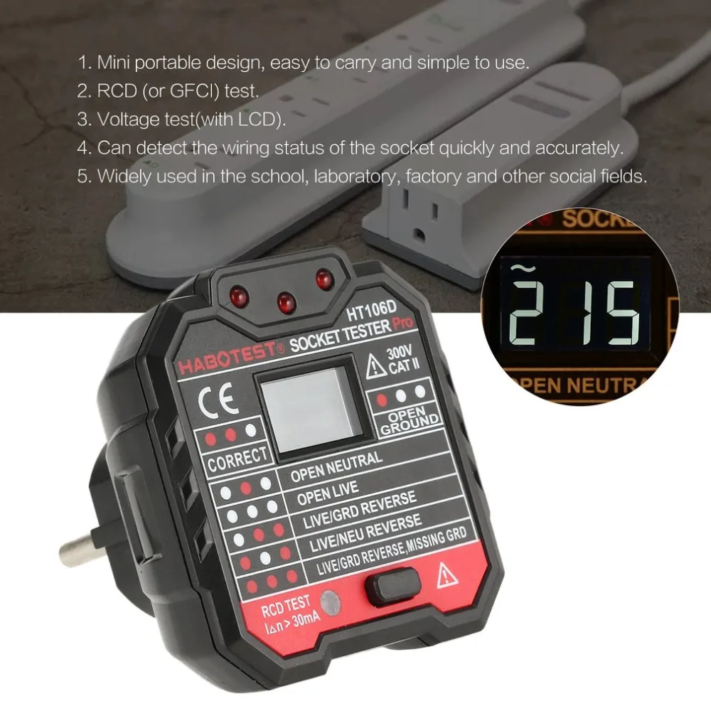 HABOTEST HT106D Socket Testers Voltage Test detector EU Plug Ground Zero Line Polarity Phase Check dropshipping | Инструменты
