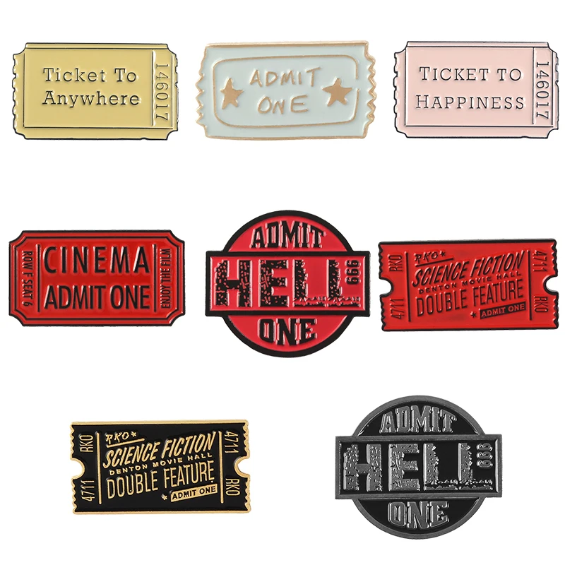 

Film ticket Pins Rocky Horror Cinema Hell Admit One Red Black Ticket To Anywhere Happiness Enamel Brooch Pin Clothed Badge Gift