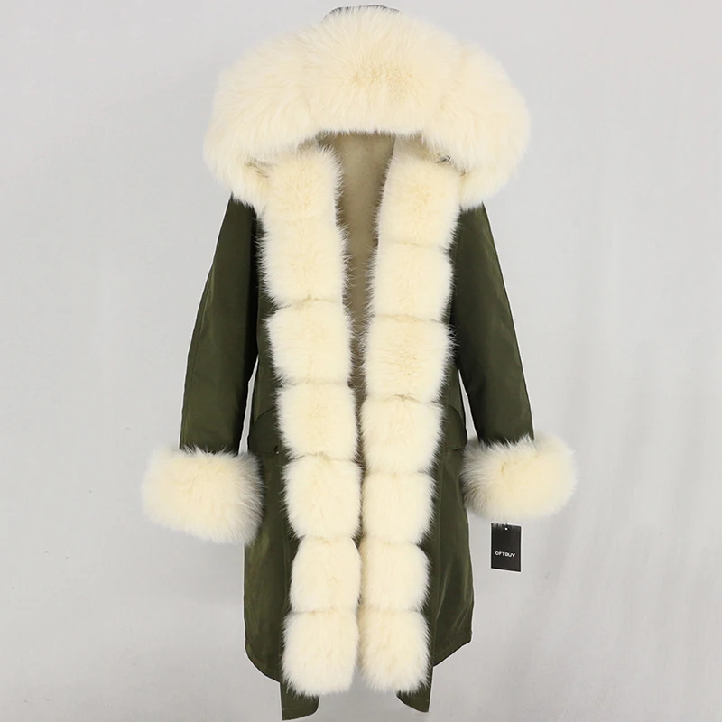 black beige Зимняя куртка женская X-long Parka непромокаемая Верхняя одежда натуральный мех пальто натуральный Лисий Мех капюшон Роскошная Верхняя одежда Съемная бренд - Цвет: black beige